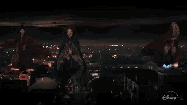 three witches are flying over a city with the words amok amok amok amok in the corner