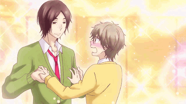 a couple of anime characters are dancing together