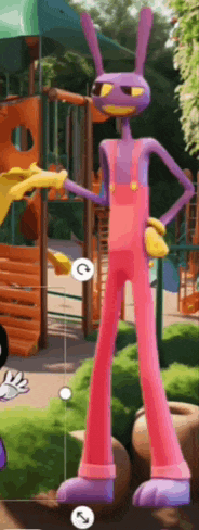 a purple and pink cartoon character standing in a park