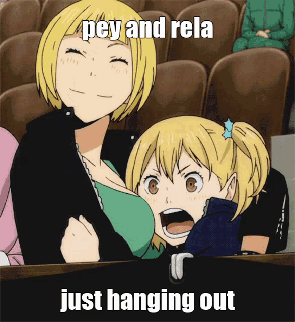a picture of two anime girls with pey and rela just hanging out written below them