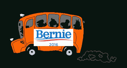 an orange double decker bus with a bernie 2016 sign on it