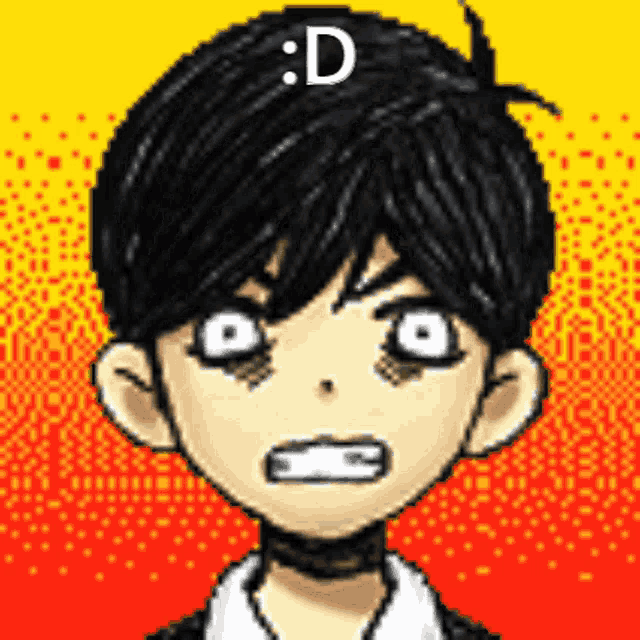 a pixel art of a boy with a smiley face on his head