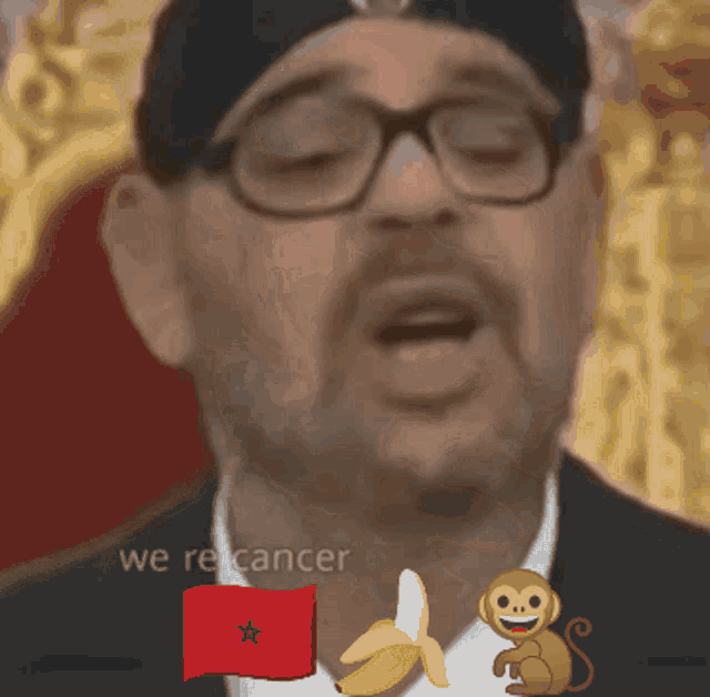 a man wearing glasses and a hat says we re cancer next to a banana and monkey