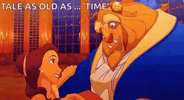a cartoon of belle and the beast dancing in a ballroom .