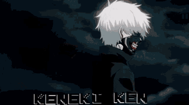 a close up of a person 's eyes with the name keneki ken below them