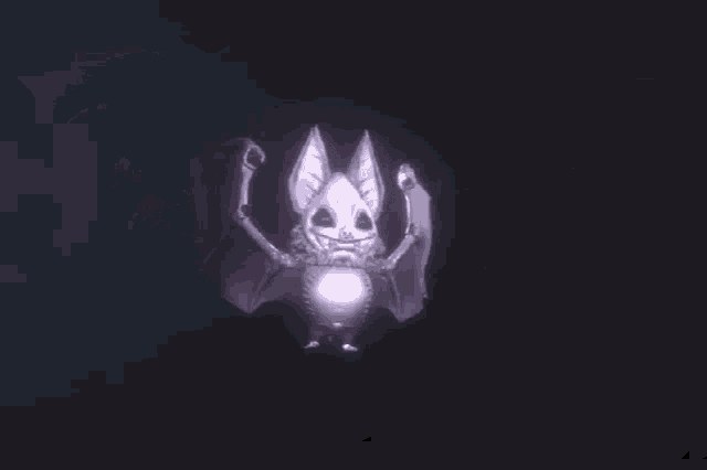 a bat with purple wings flying in the dark