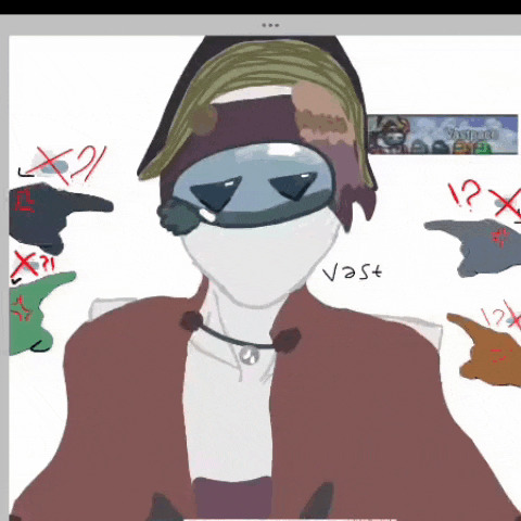 a drawing of a person wearing a mask with the word vast written on the bottom right