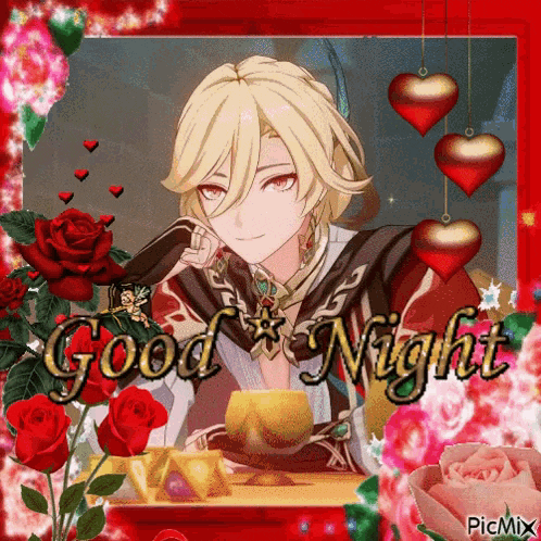 a picture of a man with roses and hearts and the words good night written on it