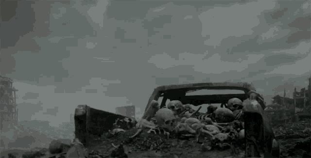 a pile of bones and skulls are sitting in the back of a destroyed car