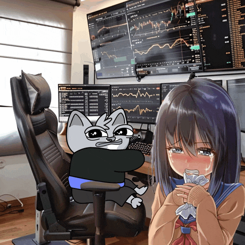a cartoon of a girl crying in front of a wall of computer monitors with one that says ' usd ' on it