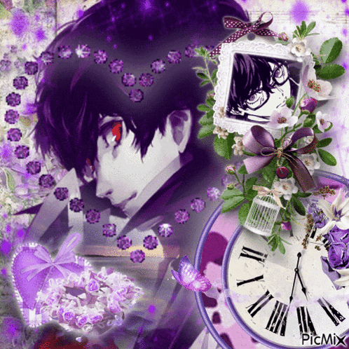 a picture of a man with purple hair is surrounded by purple flowers and a clock