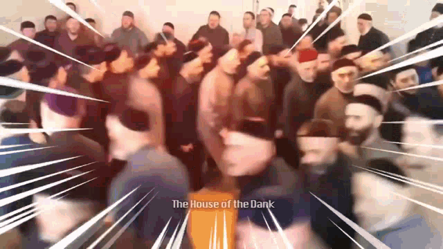 a group of people are gathered in a room with the words " the house of the dank " written on the bottom