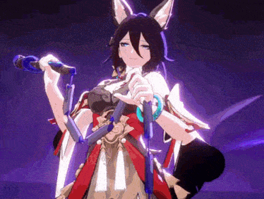 a girl with a fox ears is holding a microphone in her hand