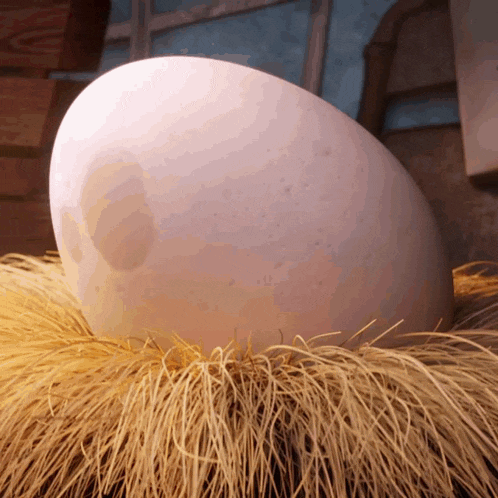 a large white egg sits in a nest of hay