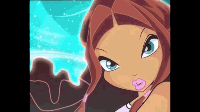 a close up of a cartoon character with blue eyes and pink lips