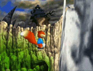 a squirrel in a blue shirt is standing in front of a waterfall in a video game