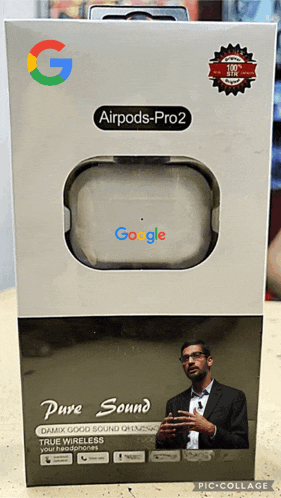 a google airpods pro 2 box with a man in a suit on the front