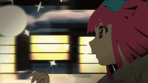 a girl with pink hair and a blue bow in her hair