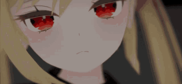 a close up of an anime girl with red eyes