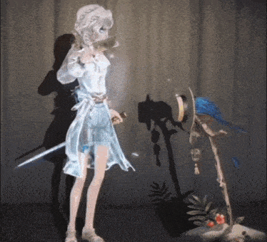 a girl in a white dress is standing next to a blue parrot