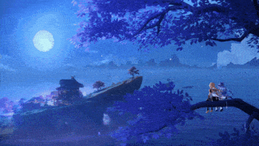 a couple sitting on a tree branch overlooking a body of water at night