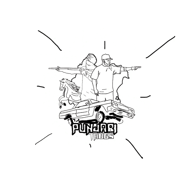 a black and white drawing of punjabi thugs with a horse