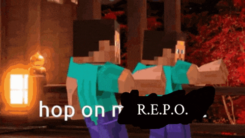 two minecraft characters are standing next to each other with the words hop on r.e.p.o.