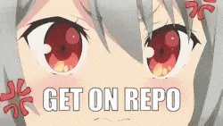a close up of a girl 's eyes with the words `` get on repo '' written next to her .
