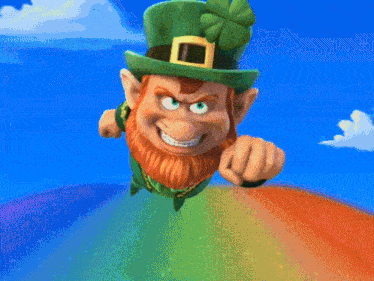 a leprechaun is flying over a rainbow and pointing
