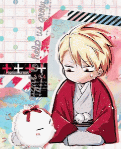 a boy in a red kimono is sitting next to a white cat with the words help us grow written on the bottom