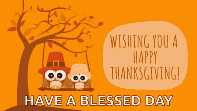 a thanksgiving card with two owls on a swing