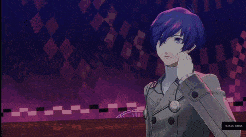 a video game character is standing in front of a blue background that says shuffle time