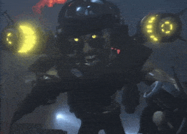 a robot with a yellow light on its head is holding a dead body