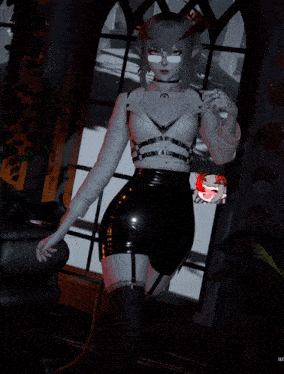 a girl with horns is standing in front of a window holding a cell phone