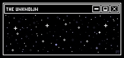 a pixel art of a starry sky with the words `` the unknown '' written in the middle .