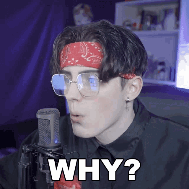 a young man wearing glasses and a headband says why