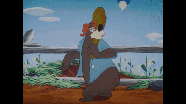 a cartoon of a bear wearing a blue shirt and a hat