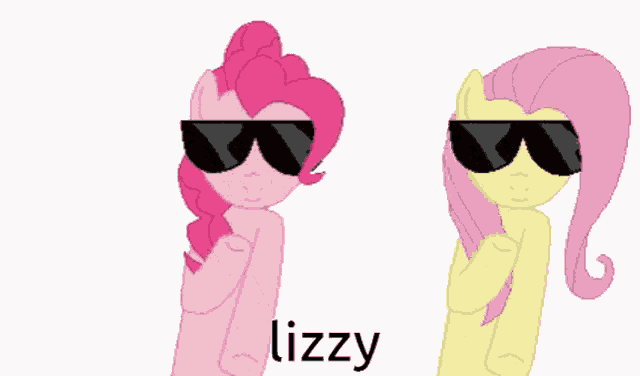a drawing of pinkie pie and fluttershy wearing sunglasses with the name lizzy written below them