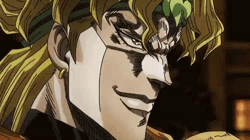 a close up of dio from jojo 's bizarre adventure making a face .