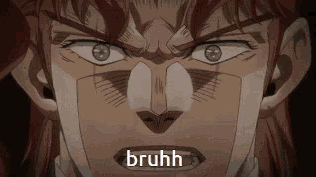 a close up of a person 's face with the word bruhh in white letters