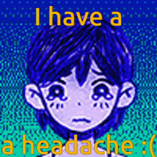 a pixel art of a girl with the words i have a headache below her