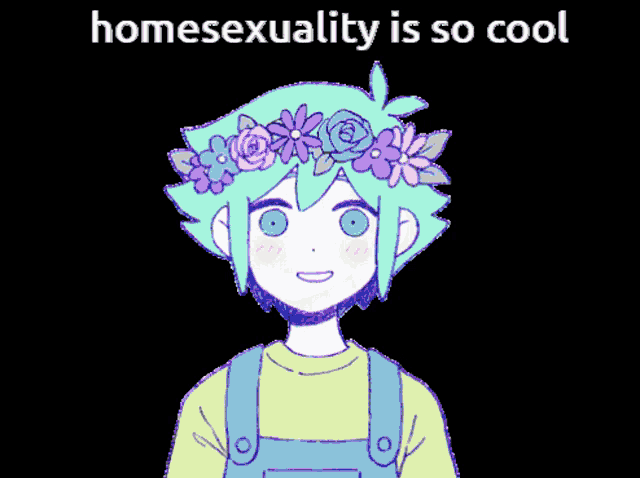 a cartoon of a boy with flowers in his hair and the words homosexuality is so cool below him