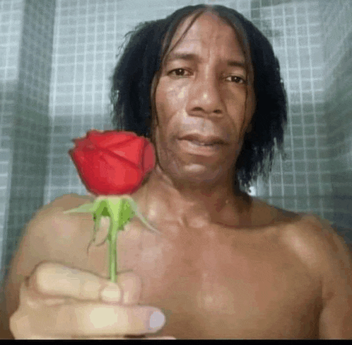 a shirtless man is holding a red rose in front of a tiled wall .