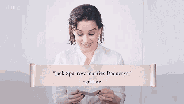 a woman is holding a scroll that says " jack sparrow marries daenerys " on it