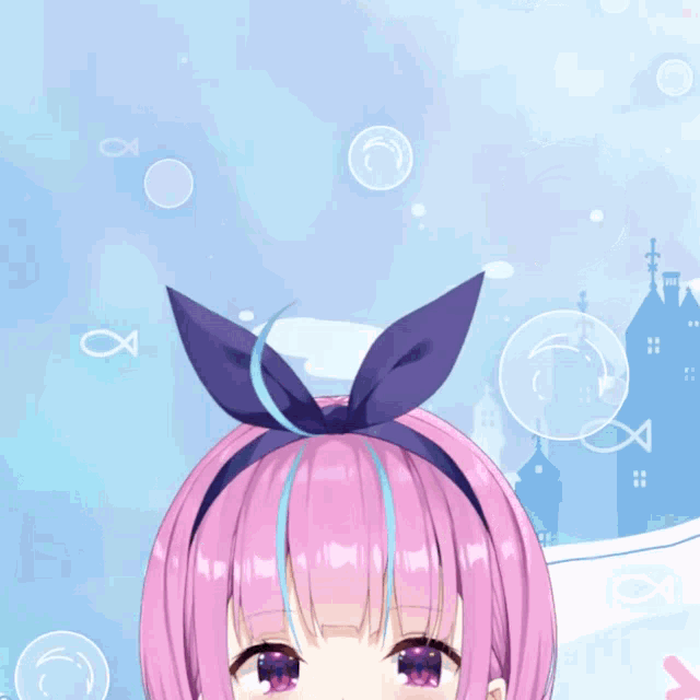 a girl with pink hair has a purple headband on her head