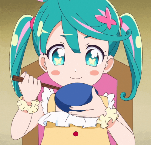 a little girl with green hair is holding a blue bowl and chopsticks