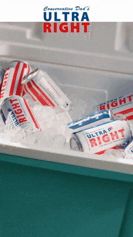 a cooler filled with ice and ultra right cans
