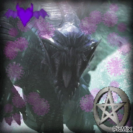a picture of a dragon with purple flowers around it