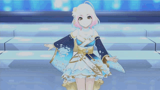 a girl with pink hair is wearing a blue and white outfit