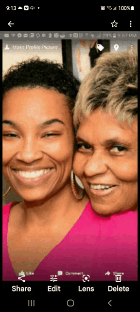 a phone screen shows a picture of two women smiling and says make profile picture